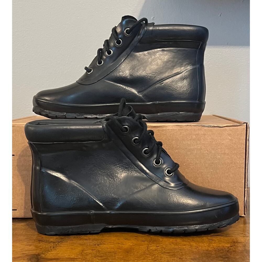 Vintage Land's End Black Ankle Waterproof Rubber Rain Boots Sz 7 Retro Galoshes